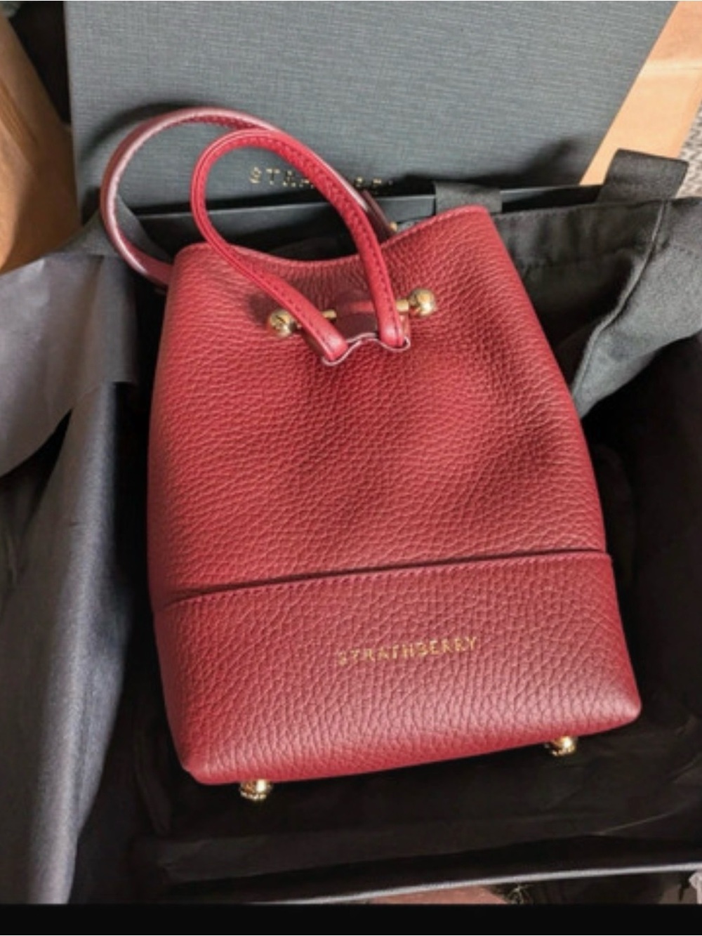 Strathberry Lana Osette Pebbled Leather Oxblood Bucket Bag w/ Gold Hardware